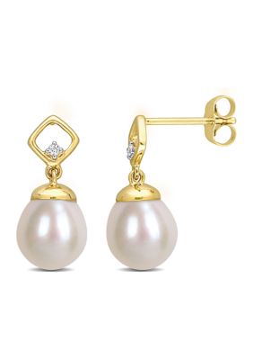 Belk & Co 8-8.5mm Freshwater Cultured Pearl and Diamond Accent Earrings in 10k Yellow Gold