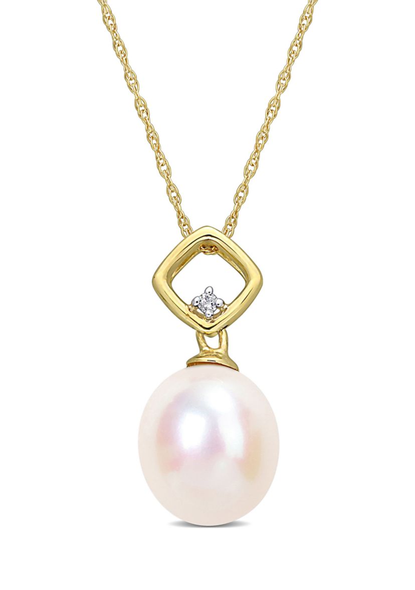 9-9.5mm Freshwater Cultured Pearl and Diamond Accent in 14k Yellow Gold