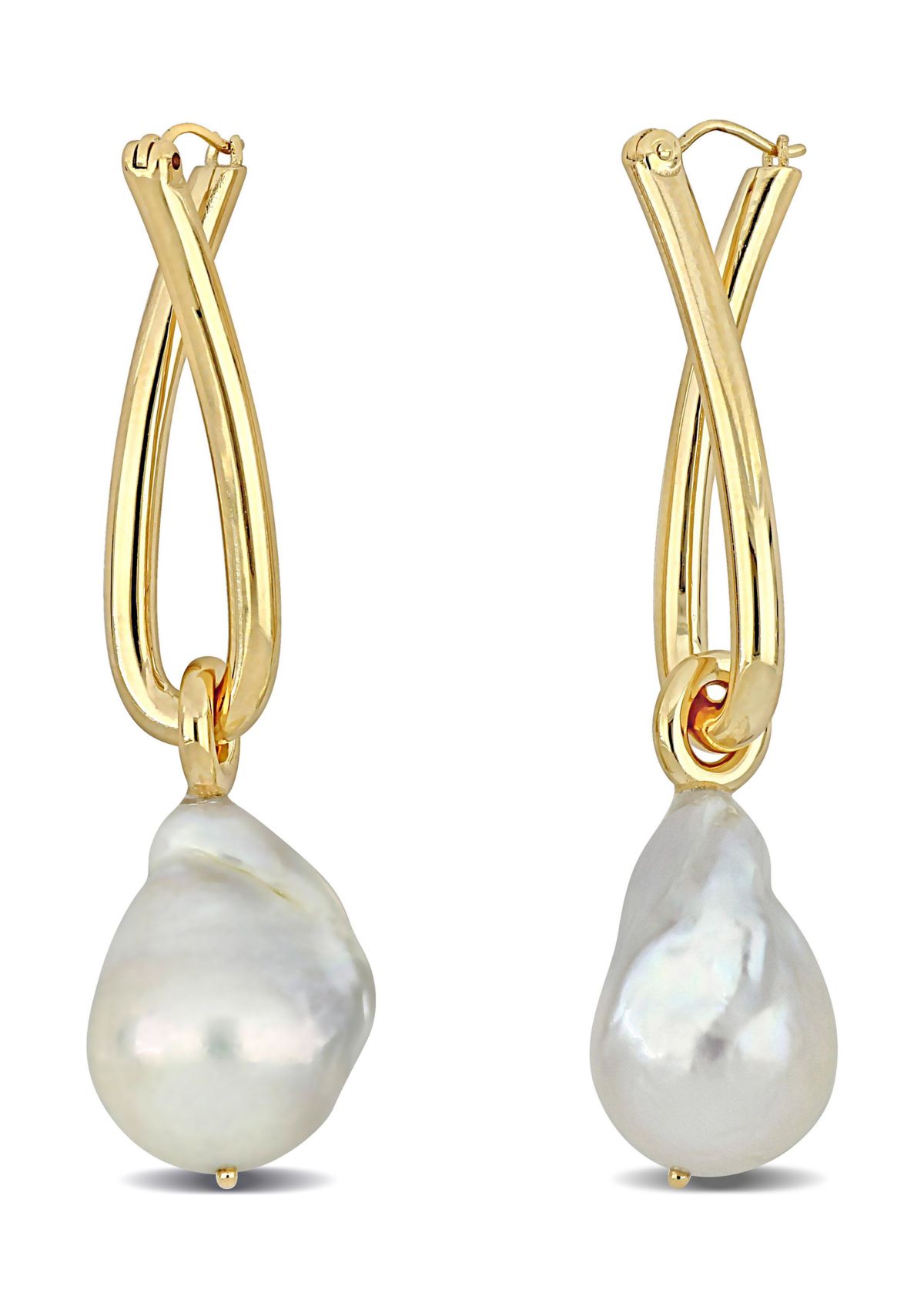 13-13.5mm Cultured Freshwater Baroque Pearl Twisted Hoop Earrings in 14k Yellow Gold