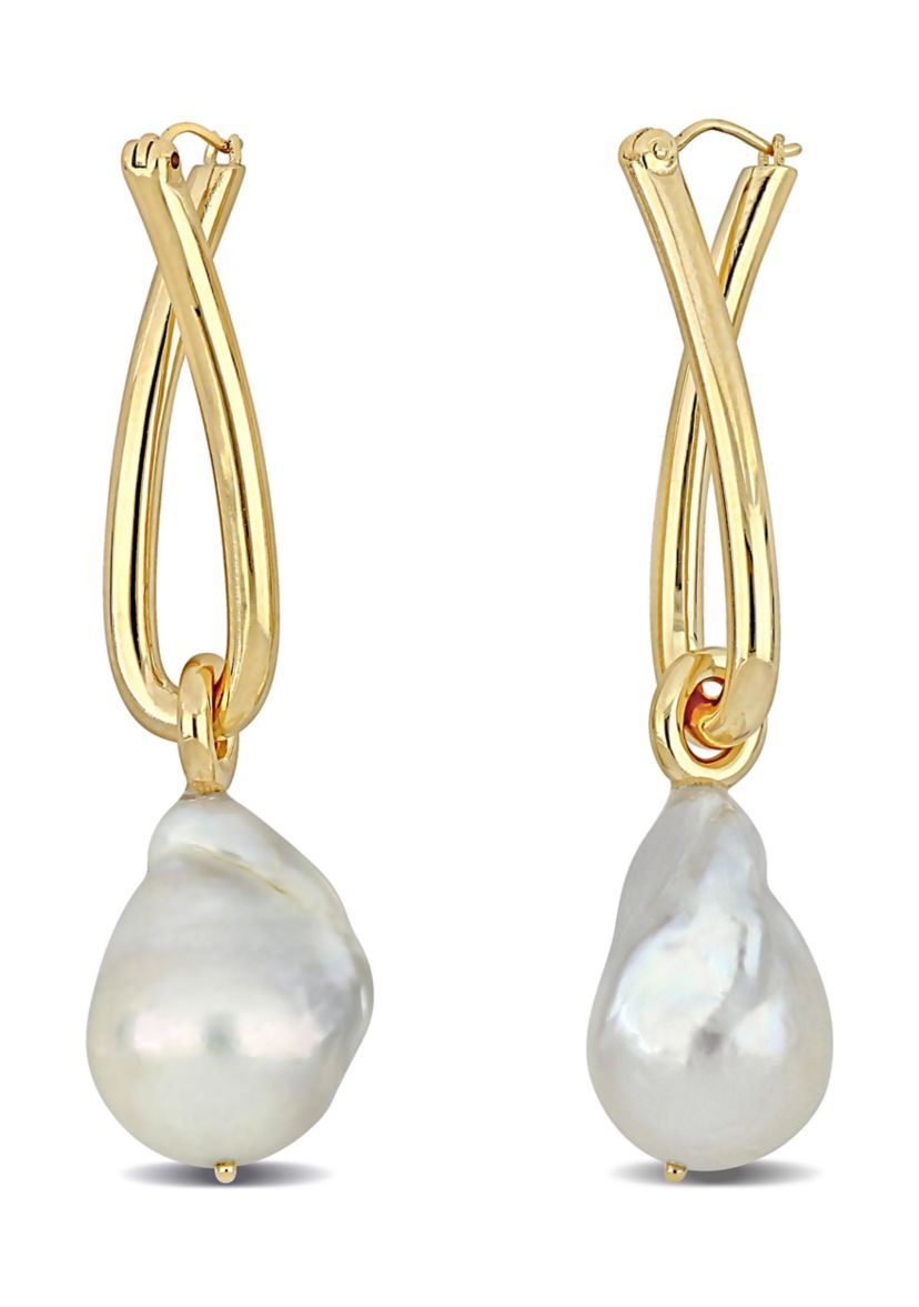 13-13.5mm Cultured Freshwater Baroque Pearl Twisted Hoop Earrings in 14k Yellow Gold