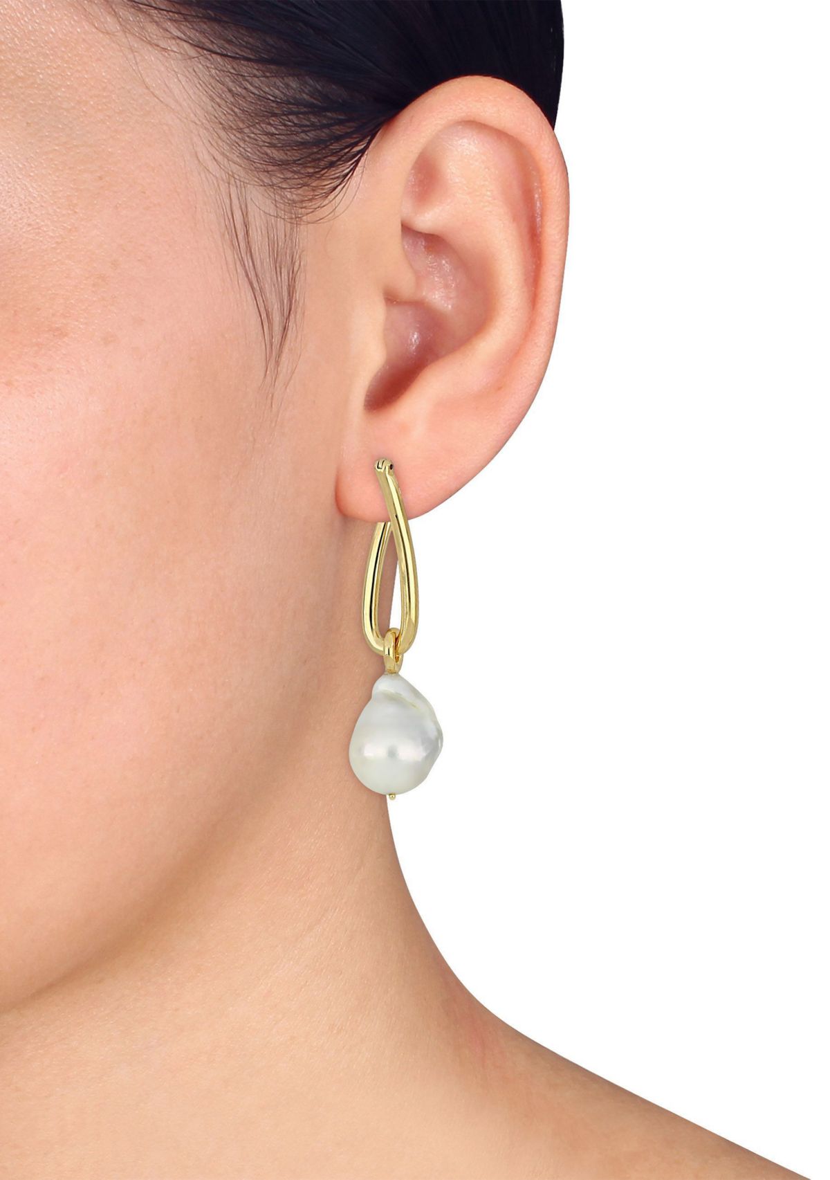 13-13.5mm Cultured Freshwater Baroque Pearl Twisted Hoop Earrings in 14k Yellow Gold