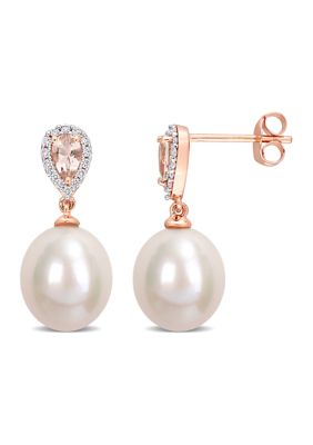 Belk & Co 9-9.5Mm Cultured Freshwater Pearl 1/2 Ct Tgw Morganite And 1/7 Ct Tdw Diamond Drop Earrings In 14K Rose Gold