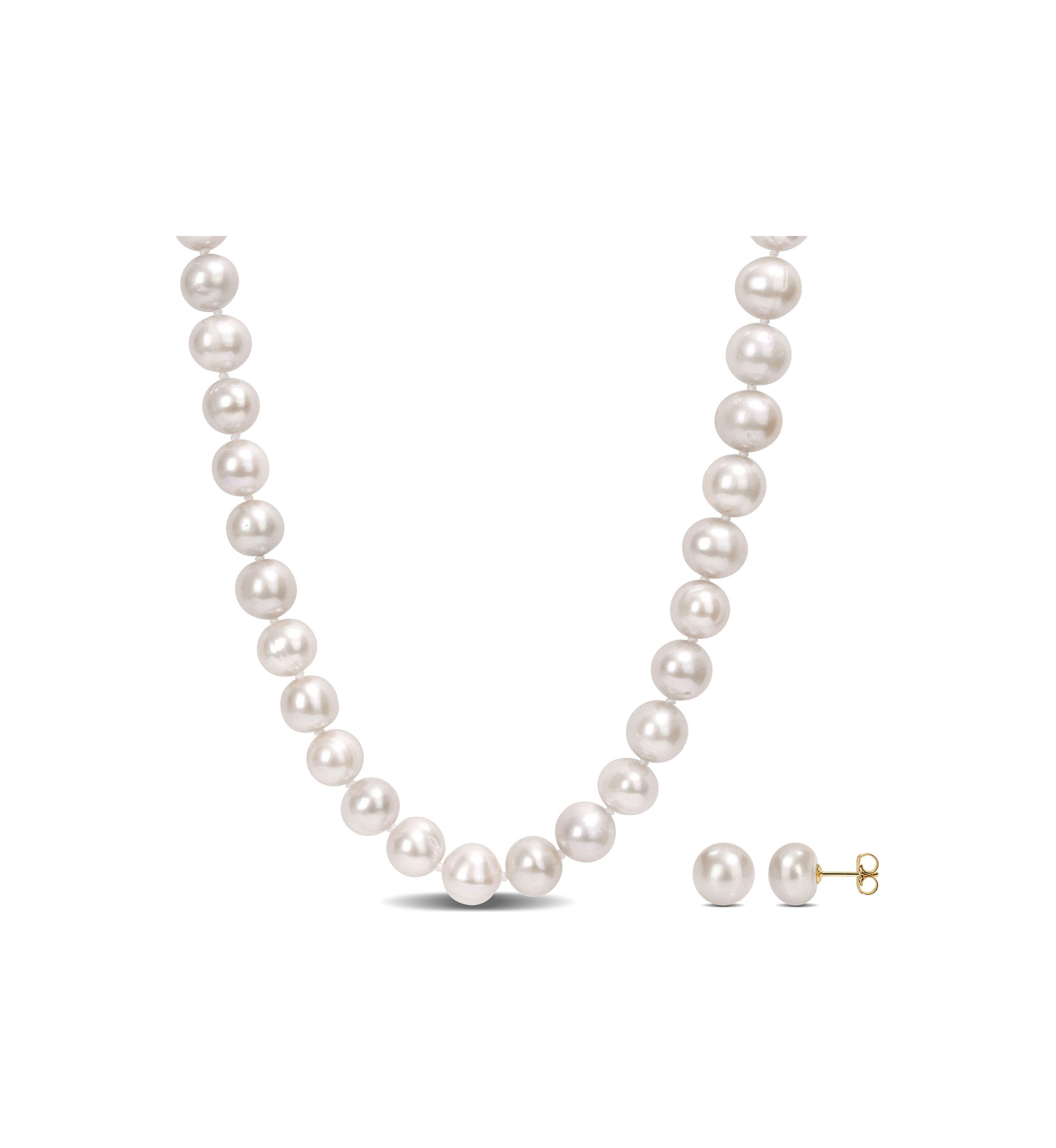 9-10mm Cultured Freshwater Pearl 2-PC Strand Necklace and Stud Earrings Set in 14k Yellow Gold