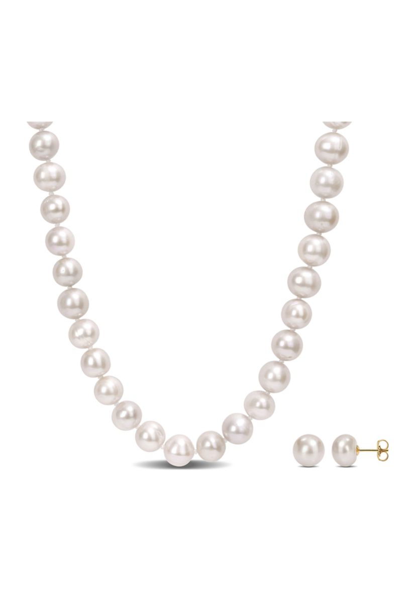 9-10mm Cultured Freshwater Pearl 2-PC Strand Necklace and Stud Earrings Set in 14k Yellow Gold