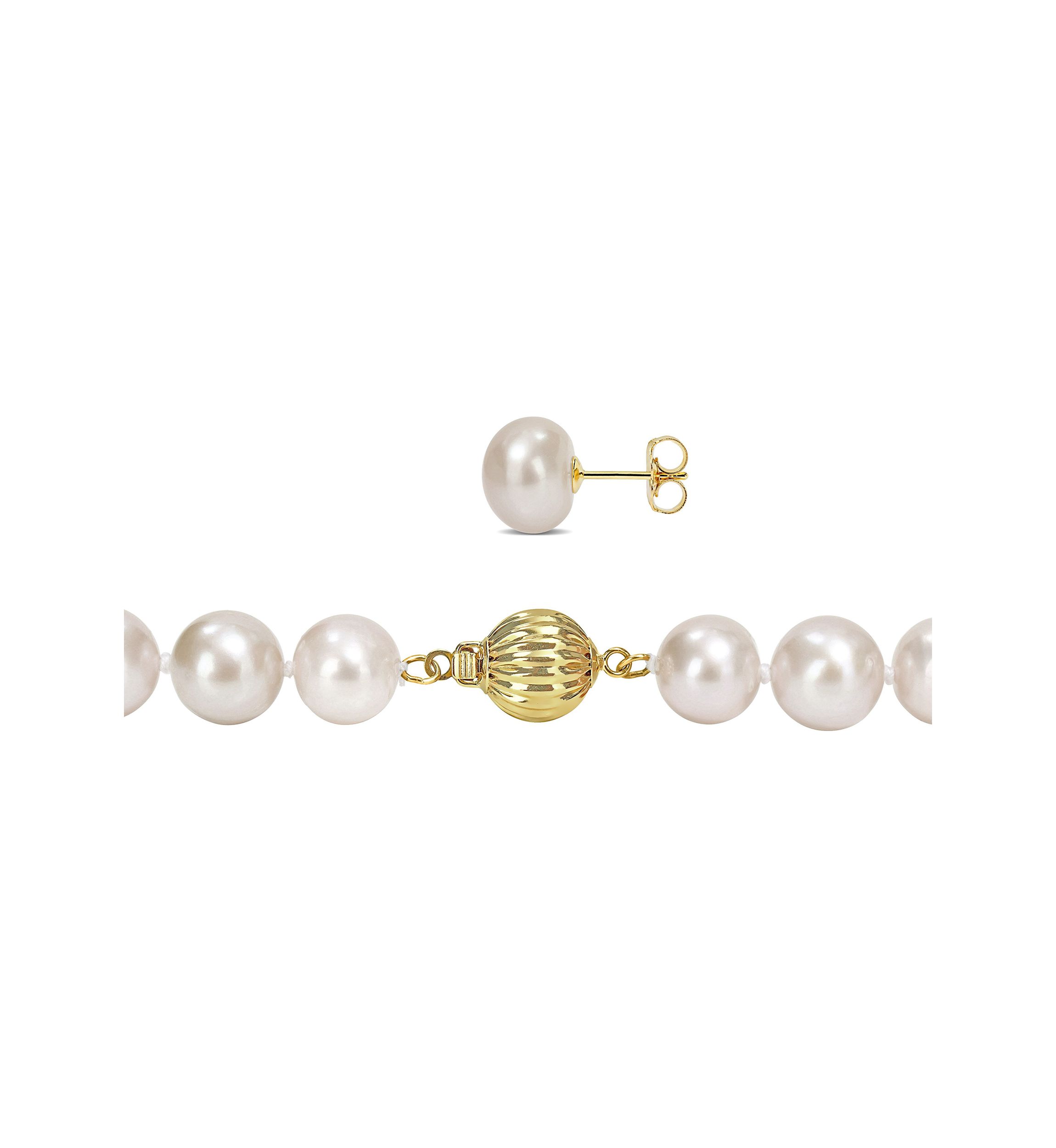 9-10mm Cultured Freshwater Pearl 2-PC Strand Necklace and Stud Earrings Set in 14k Yellow Gold