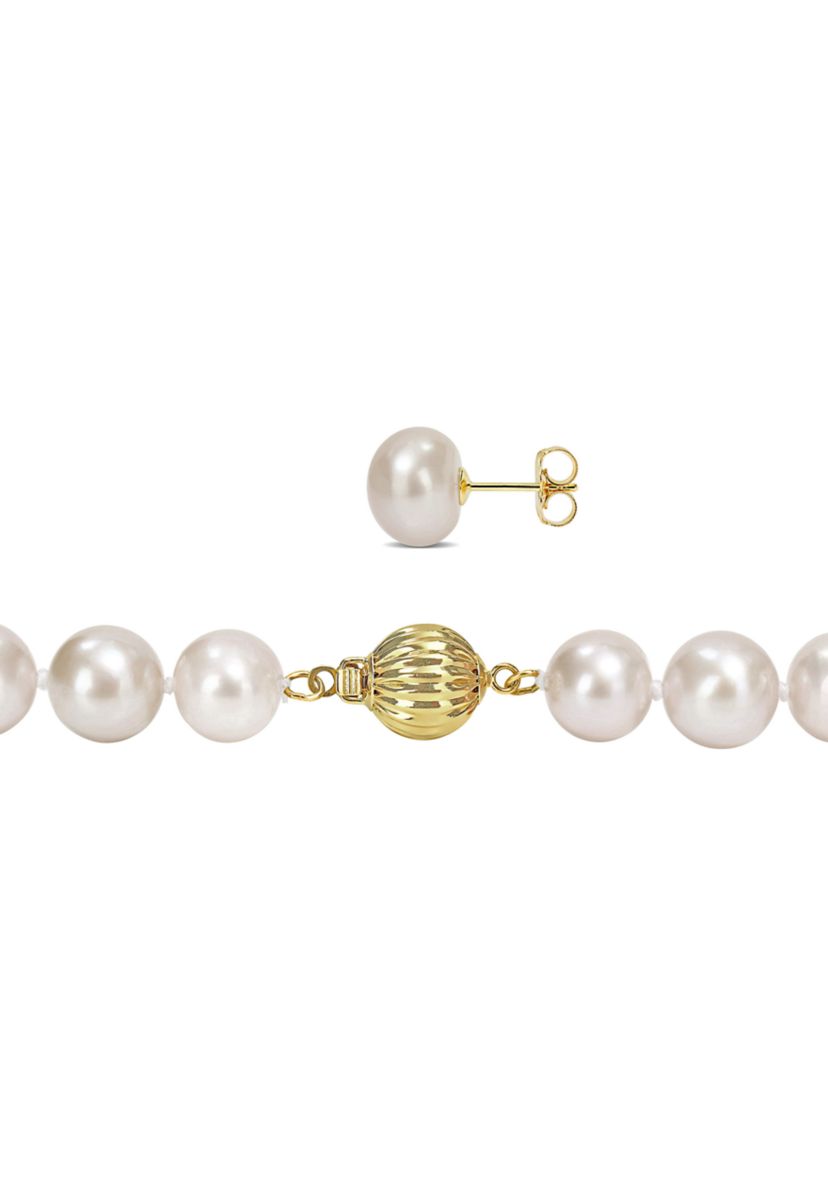 9-10mm Cultured Freshwater Pearl 2-PC Strand Necklace and Stud Earrings Set in 14k Yellow Gold