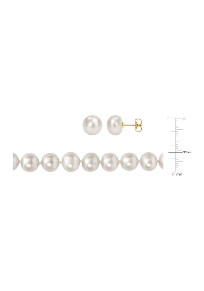 9-10mm Cultured Freshwater Pearl 2-PC Strand Necklace and Stud Earrings Set in 14k Yellow Gold