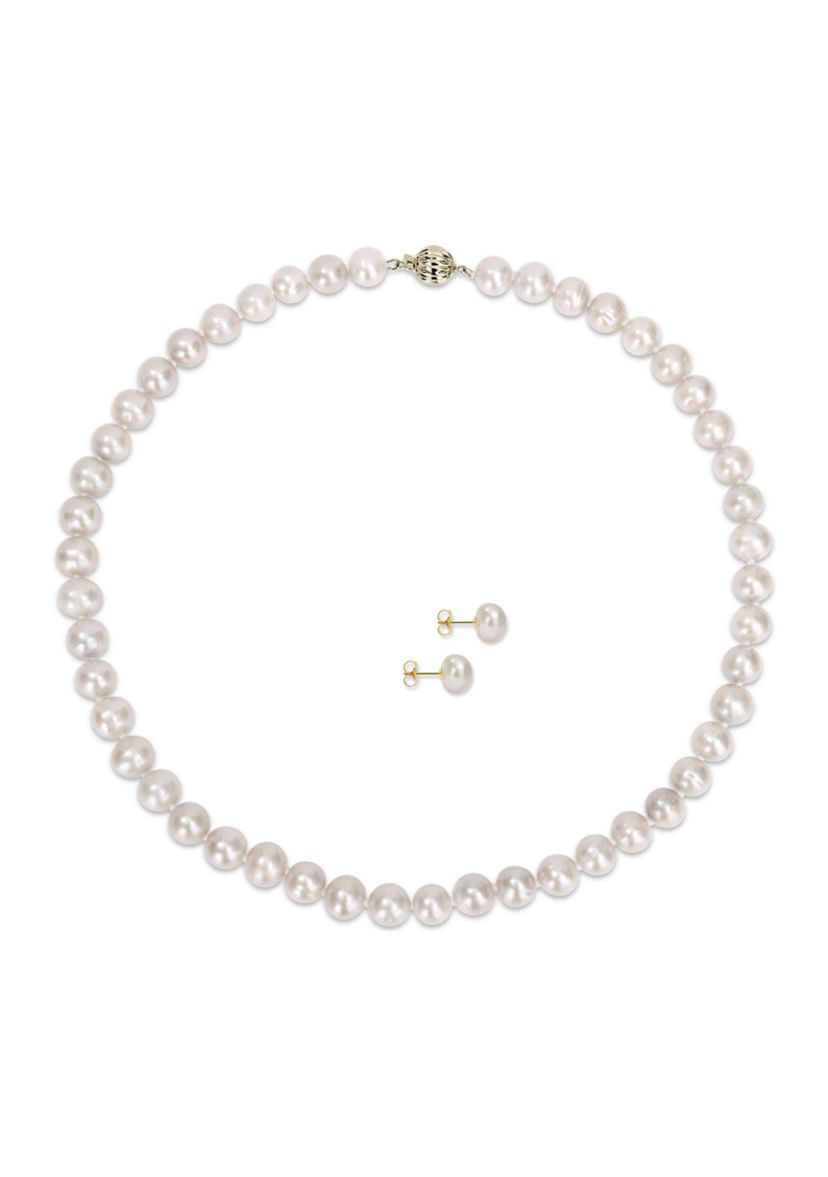 9-10mm Cultured Freshwater Pearl 2-PC Strand Necklace and Stud Earrings Set in 14k Yellow Gold