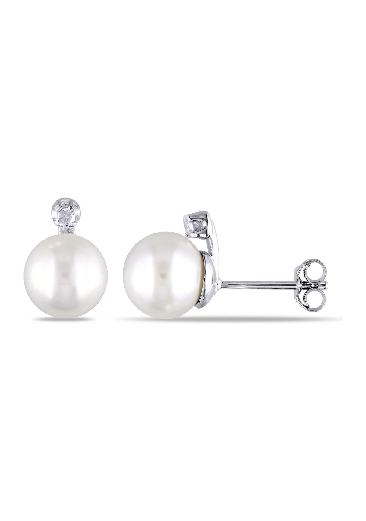 8 - 8.5 MM White Cultured Freshwater Pearl and Diamond Stud Earrings in Sterling silver