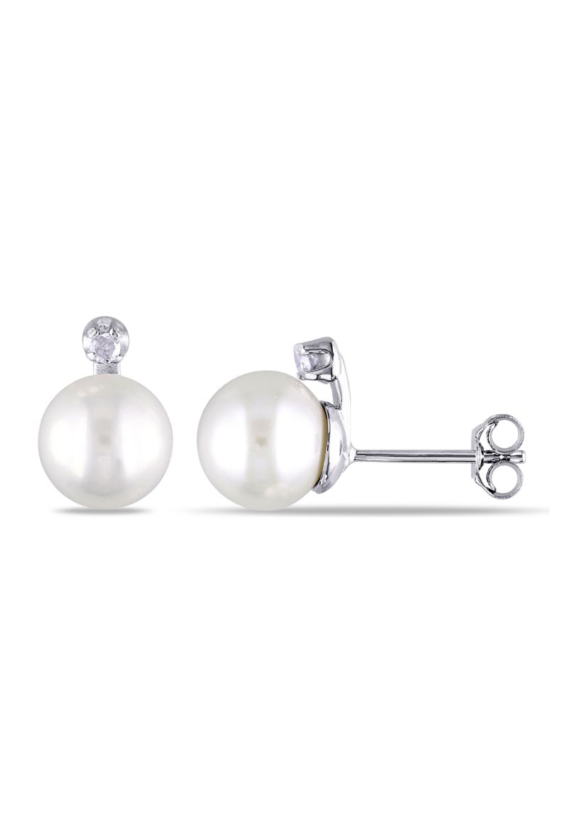 8 - 8.5 MM White Cultured Freshwater Pearl and Diamond Stud Earrings in Sterling silver