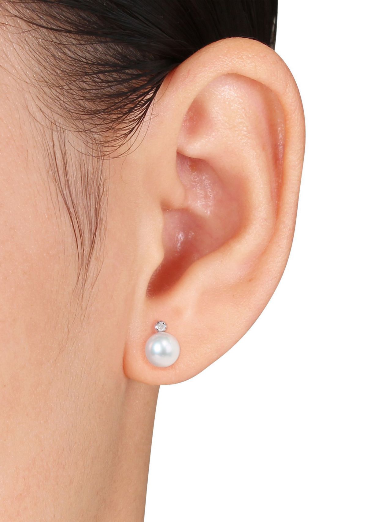 8 - 8.5 MM White Cultured Freshwater Pearl and Diamond Stud Earrings in Sterling silver
