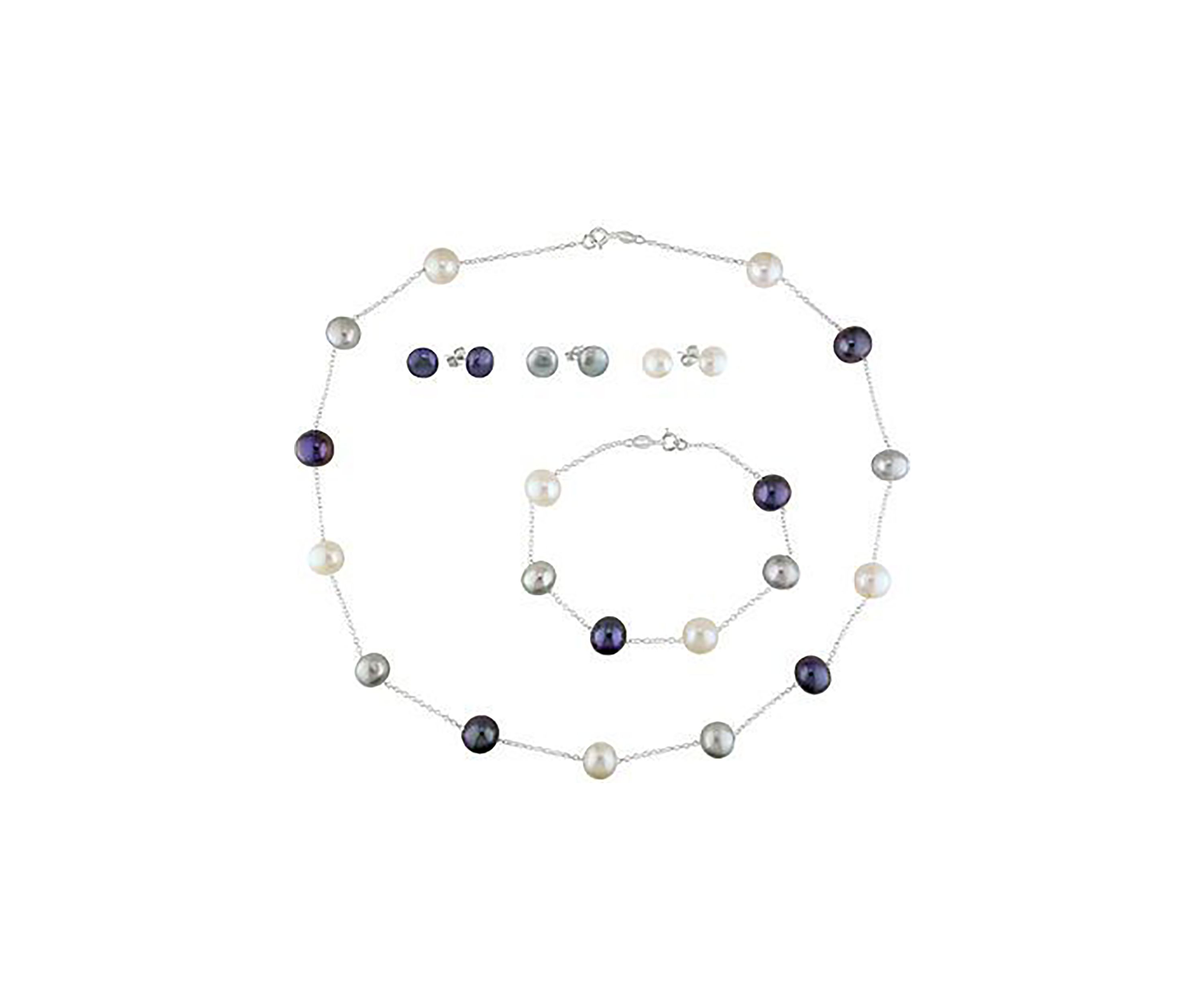 3pcs Set of Silver 8-10mm White/Black/Grey Freshwater Cultured Pearl 7.5" Bracelet, 18 Necklace & 3 pairs of Stud Earrings, cable chain w/ spring ring clasp