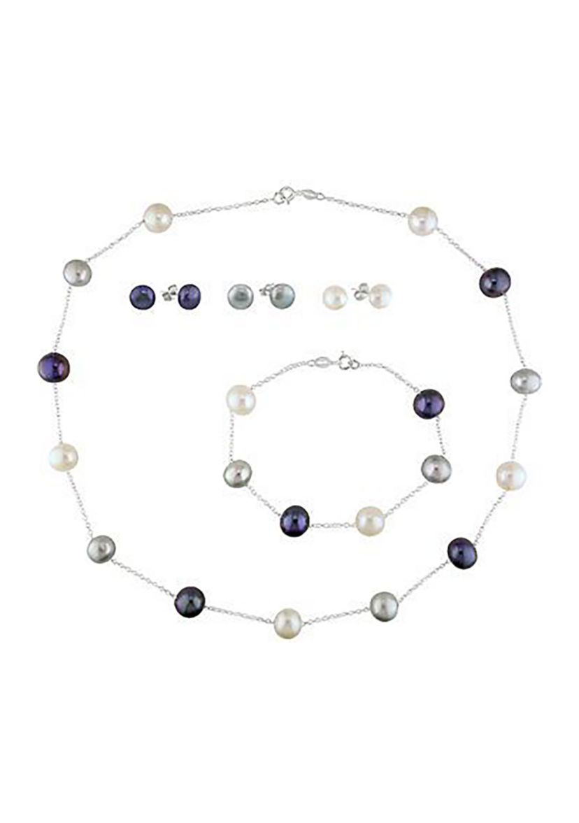 3pcs Set of Silver 8-10mm White/Black/Grey Freshwater Cultured Pearl 7.5" Bracelet, 18 Necklace & 3 pairs of Stud Earrings, cable chain w/ spring ring clasp