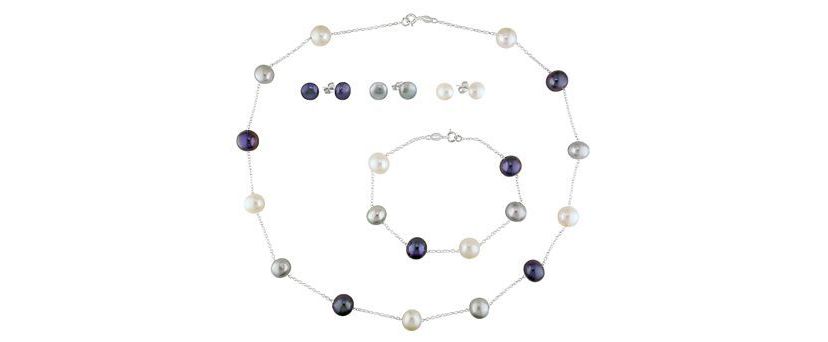 3pcs Set of Silver 8-10mm White/Black/Grey Freshwater Cultured Pearl 7.5" Bracelet, 18 Necklace & 3 pairs of Stud Earrings, cable chain w/ spring ring clasp