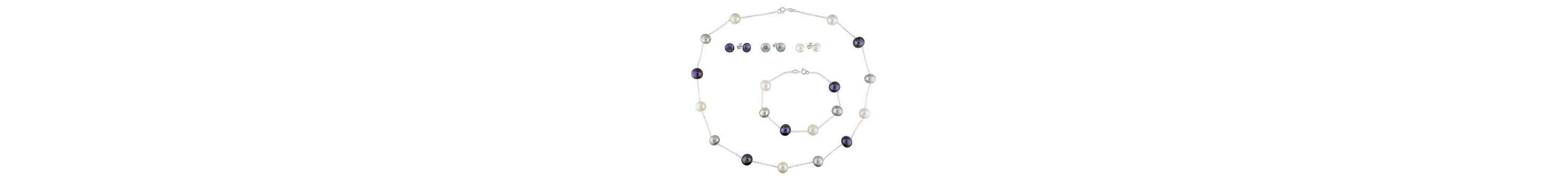 3pcs Set of Silver 8-10mm White/Black/Grey Freshwater Cultured Pearl 7.5" Bracelet, 18 Necklace & 3 pairs of Stud Earrings, cable chain w/ spring ring clasp