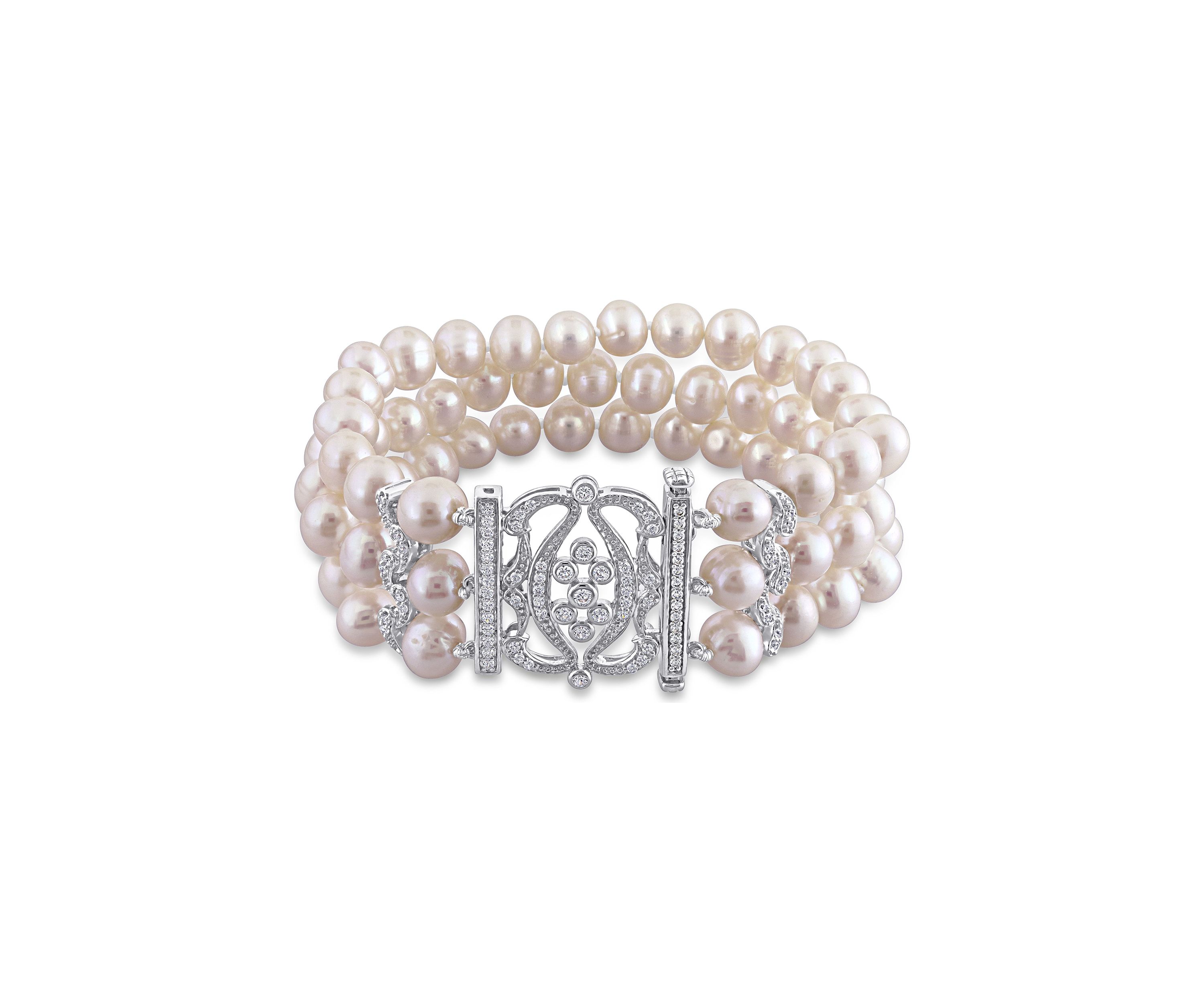 6.5 - 7 MM White Cultured Freshwater Pearl Bracelet with Cubic Zirconia in Sterling Silver