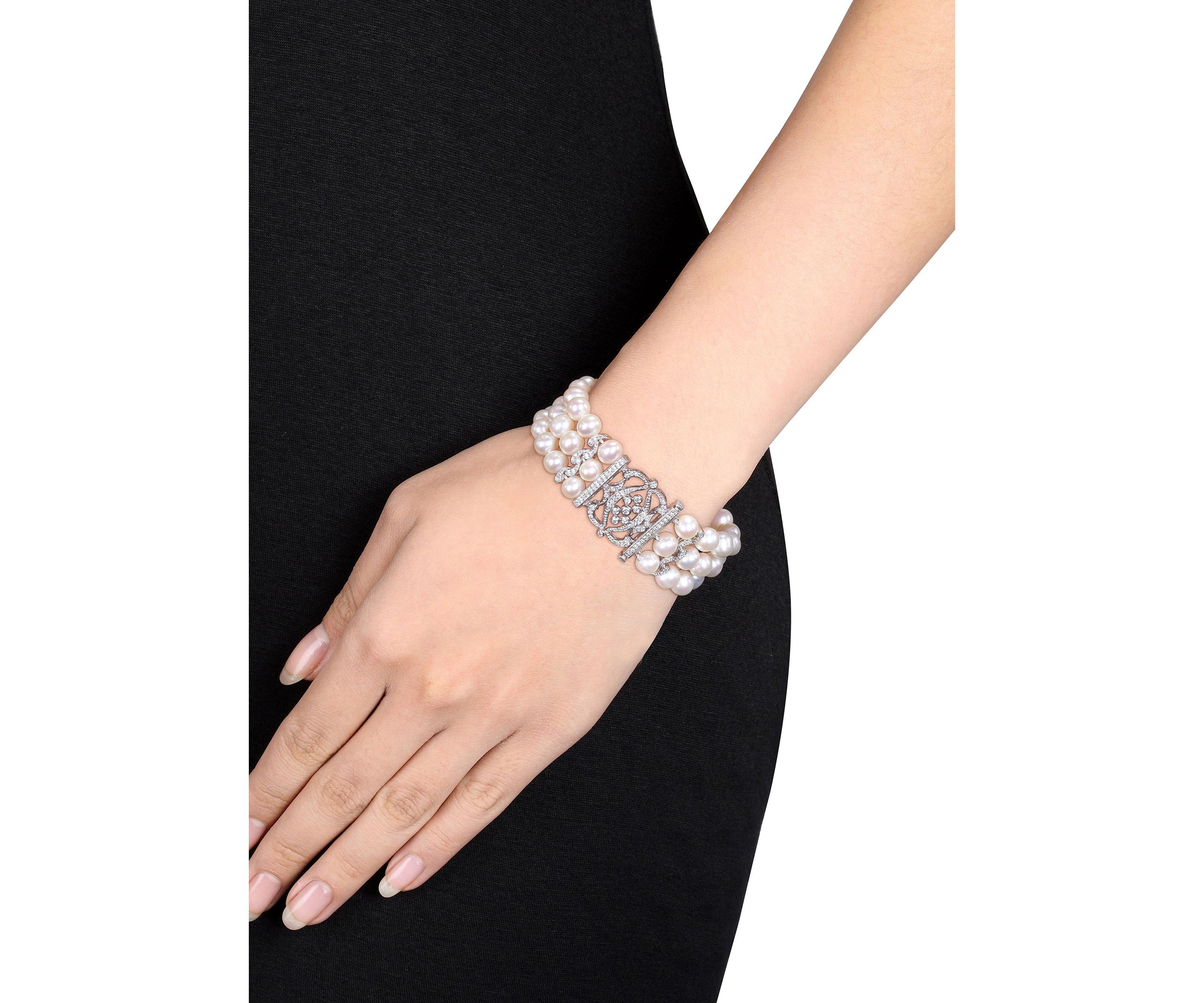 6.5 - 7 MM White Cultured Freshwater Pearl Bracelet with Cubic Zirconia in Sterling Silver