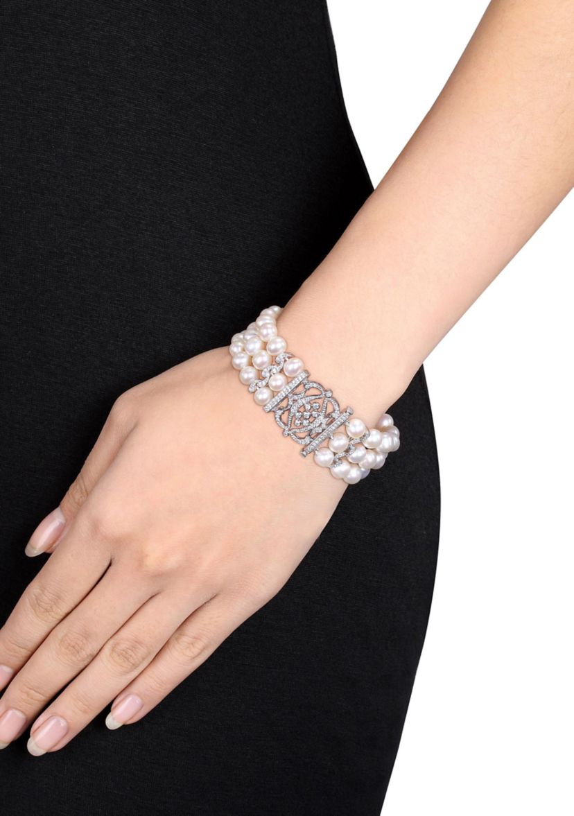 6.5 - 7 MM White Cultured Freshwater Pearl Bracelet with Cubic Zirconia in Sterling Silver