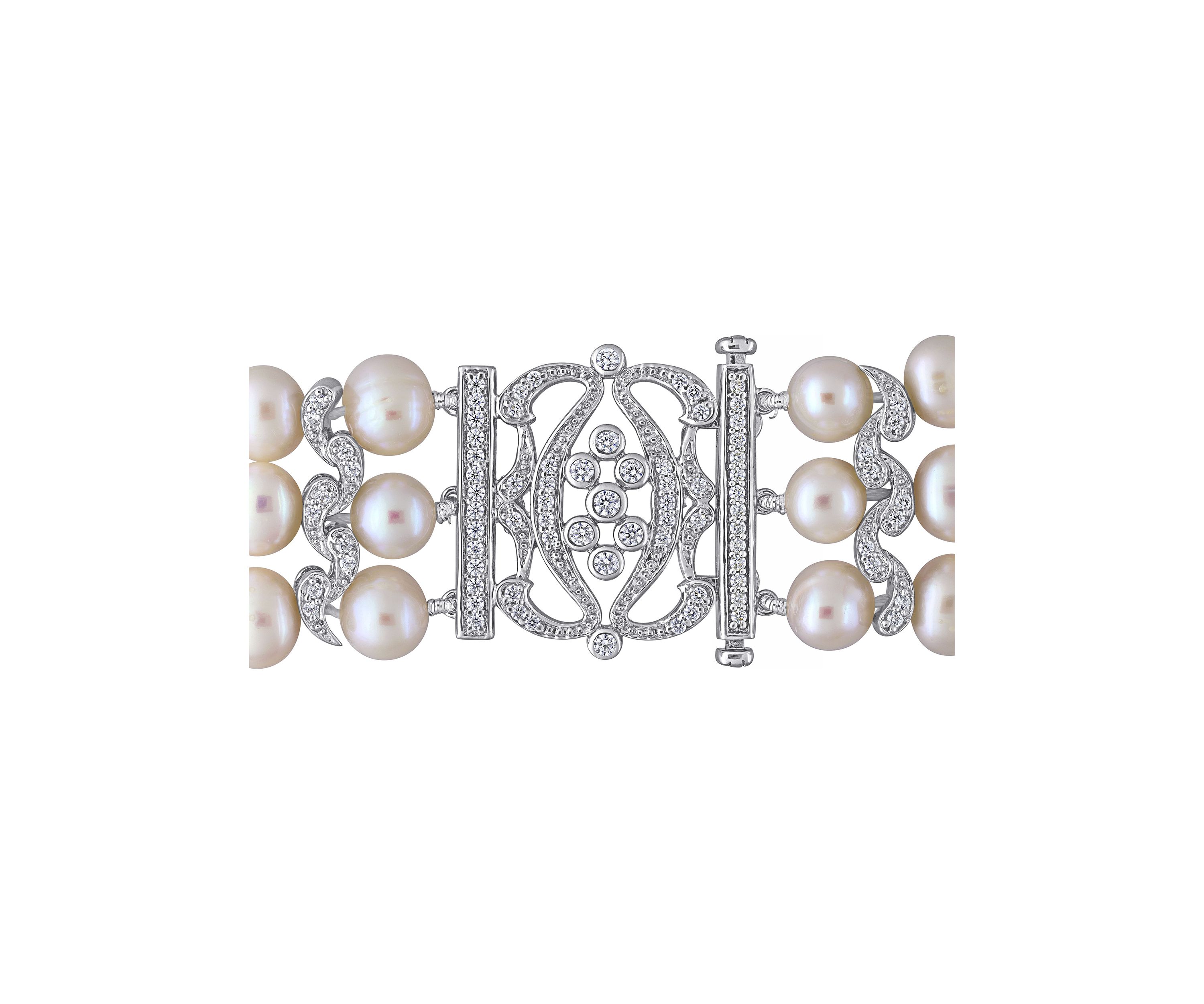 6.5 - 7 MM White Cultured Freshwater Pearl Bracelet with Cubic Zirconia in Sterling Silver