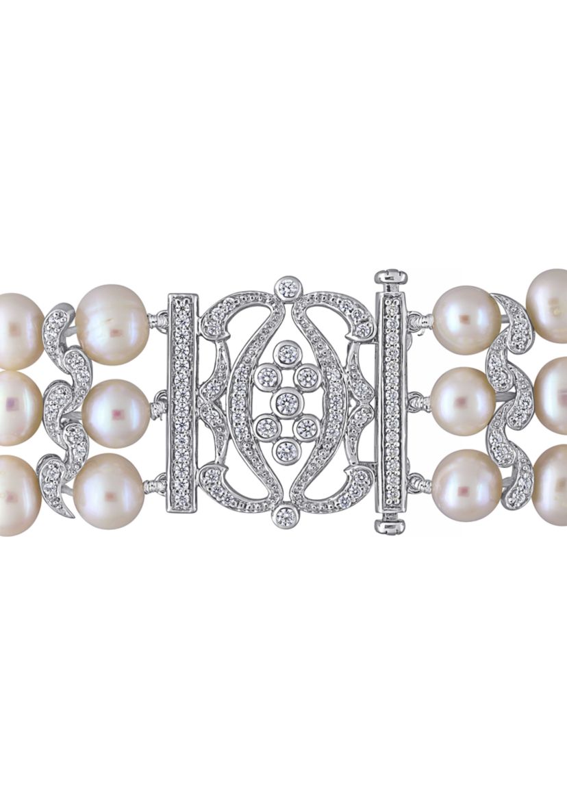 6.5 - 7 MM White Cultured Freshwater Pearl Bracelet with Cubic Zirconia in Sterling Silver