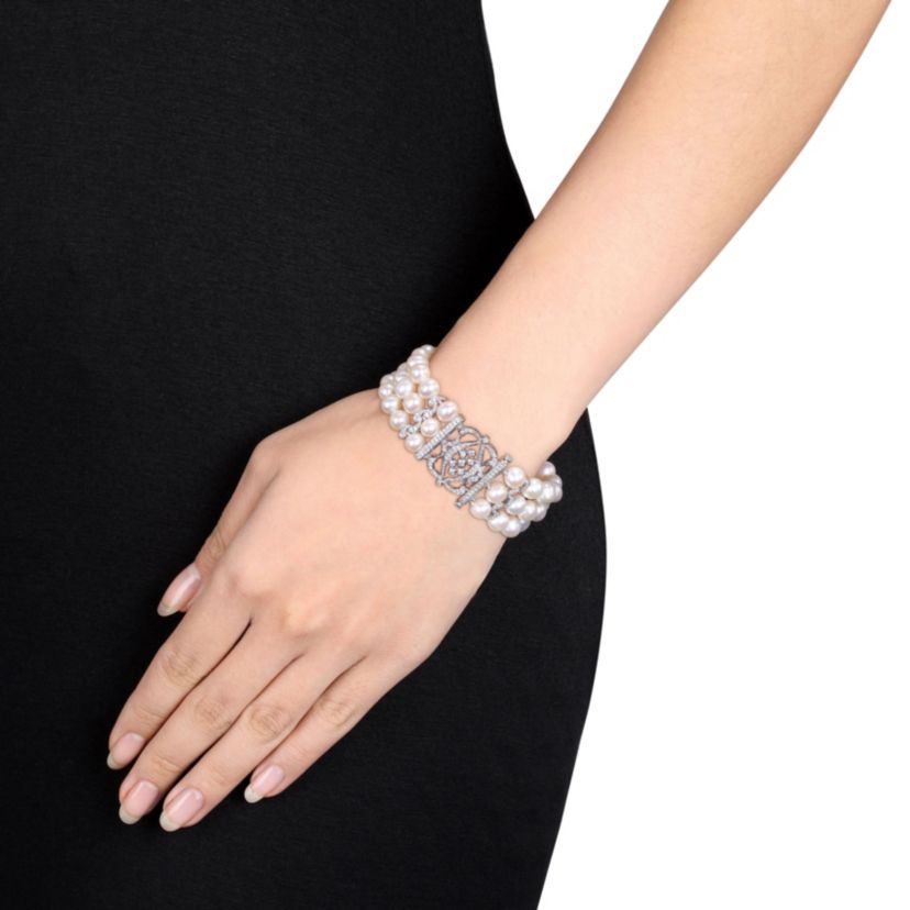 6.5 - 7 MM White Cultured Freshwater Pearl Bracelet with Cubic Zirconia in Sterling Silver