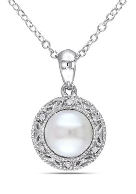 Belk & Co 7.5 - 8 MM White Cultured Freshwater Pearl and Diamond Filigree Halo Pendant with Chain in Sterling Silver