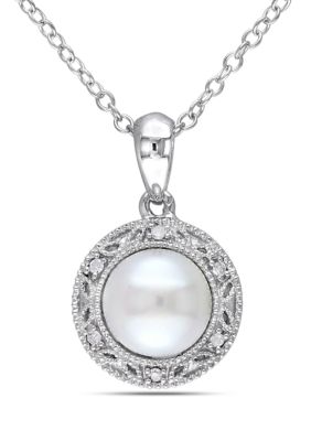 Belk & Co 7.5 - 8 Mm White Cultured Freshwater Pearl And Diamond Filigree Halo Pendant With Chain In Sterling Silver