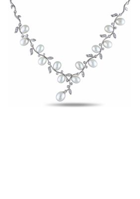 Belk & Co White Cultured Freshwater Pearl And Cubic Zirconia Chevron Vine Necklace In Sterling Silver