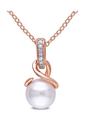 Belk & Co 8 MM White Cultured Freshwater Pearl and Diamond Twist Pendant with Chain in Rose Plated Sterling Silver