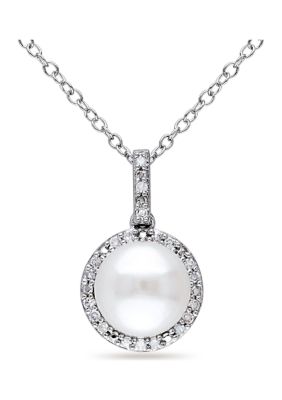 Belk & Co 1/10 CT TW Diamond and 8 MM White Cultured Freshwater Pearl Halo Pendant with Chain in Sterling Silver