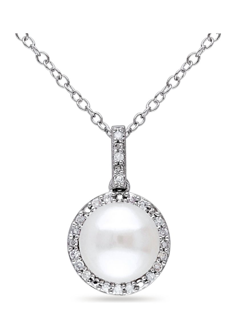 1/10 CT TW Diamond and 8 MM White Cultured Freshwater Pearl Halo Pendant with Chain in Sterling Silver