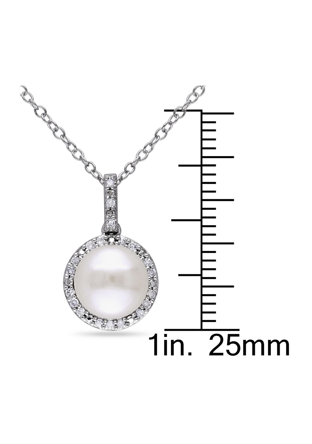 1/10 CT TW Diamond and 8 MM White Cultured Freshwater Pearl Halo Pendant with Chain in Sterling Silver