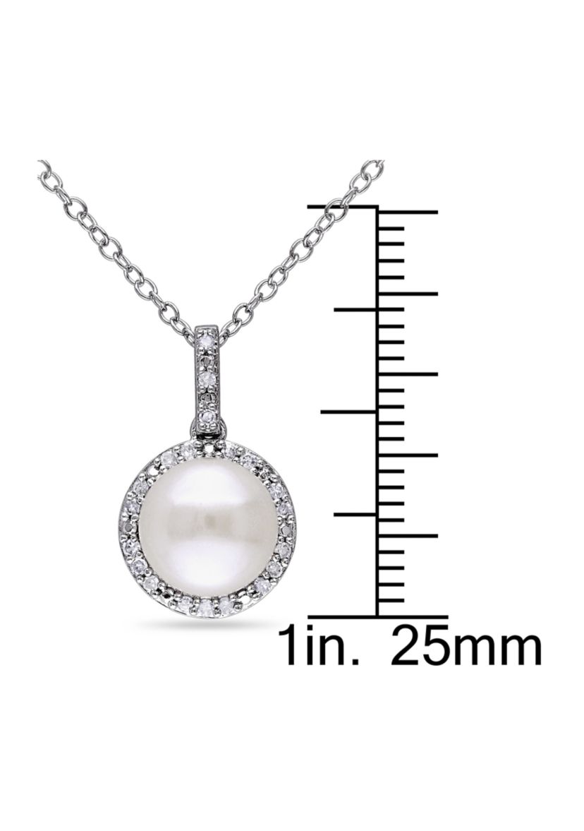 1/10 CT TW Diamond and 8 MM White Cultured Freshwater Pearl Halo Pendant with Chain in Sterling Silver