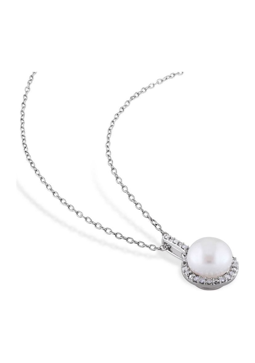 1/10 CT TW Diamond and 8 MM White Cultured Freshwater Pearl Halo Pendant with Chain in Sterling Silver