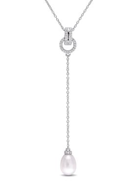 Belk & Co 1/5 CT TGW White Topaz and 8 - 8.5 MM White Cultured Freshwater Pearl Drop Pendant with Chain in Sterling Silver