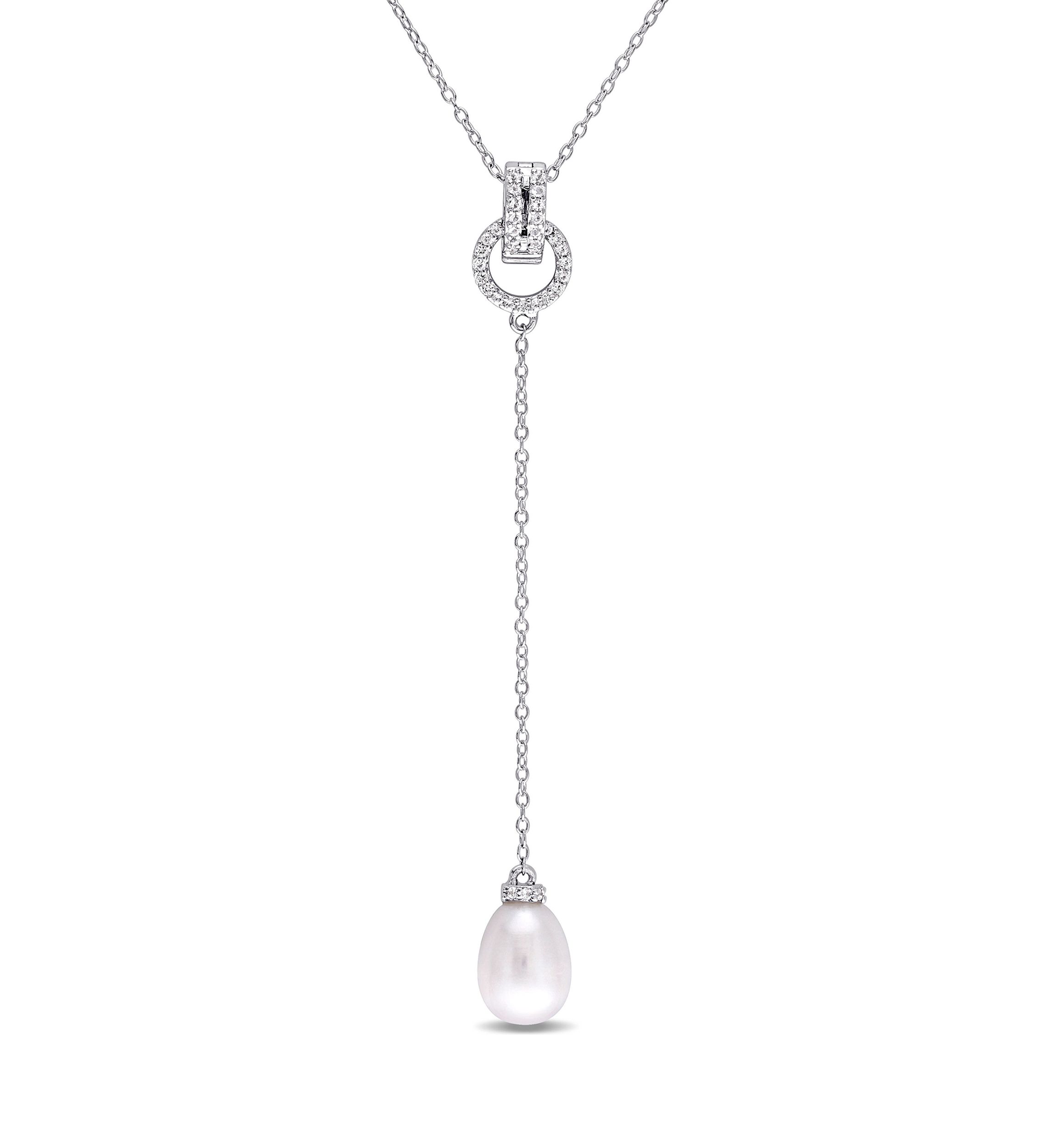 1/5 CT TGW White Topaz and 8 - 8.5 MM White Cultured Freshwater Pearl Drop Pendant with Chain in Sterling Silver