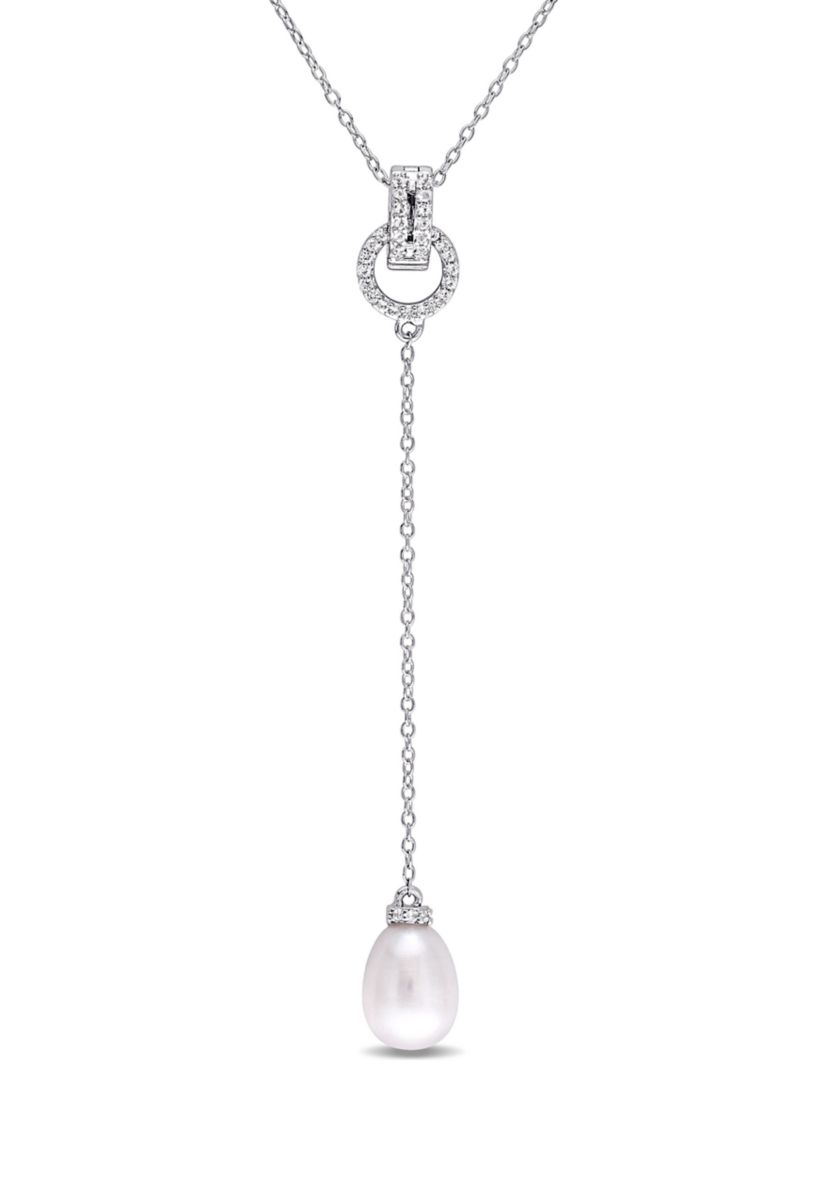 1/5 CT TGW White Topaz and 8 - 8.5 MM White Cultured Freshwater Pearl Drop Pendant with Chain in Sterling Silver