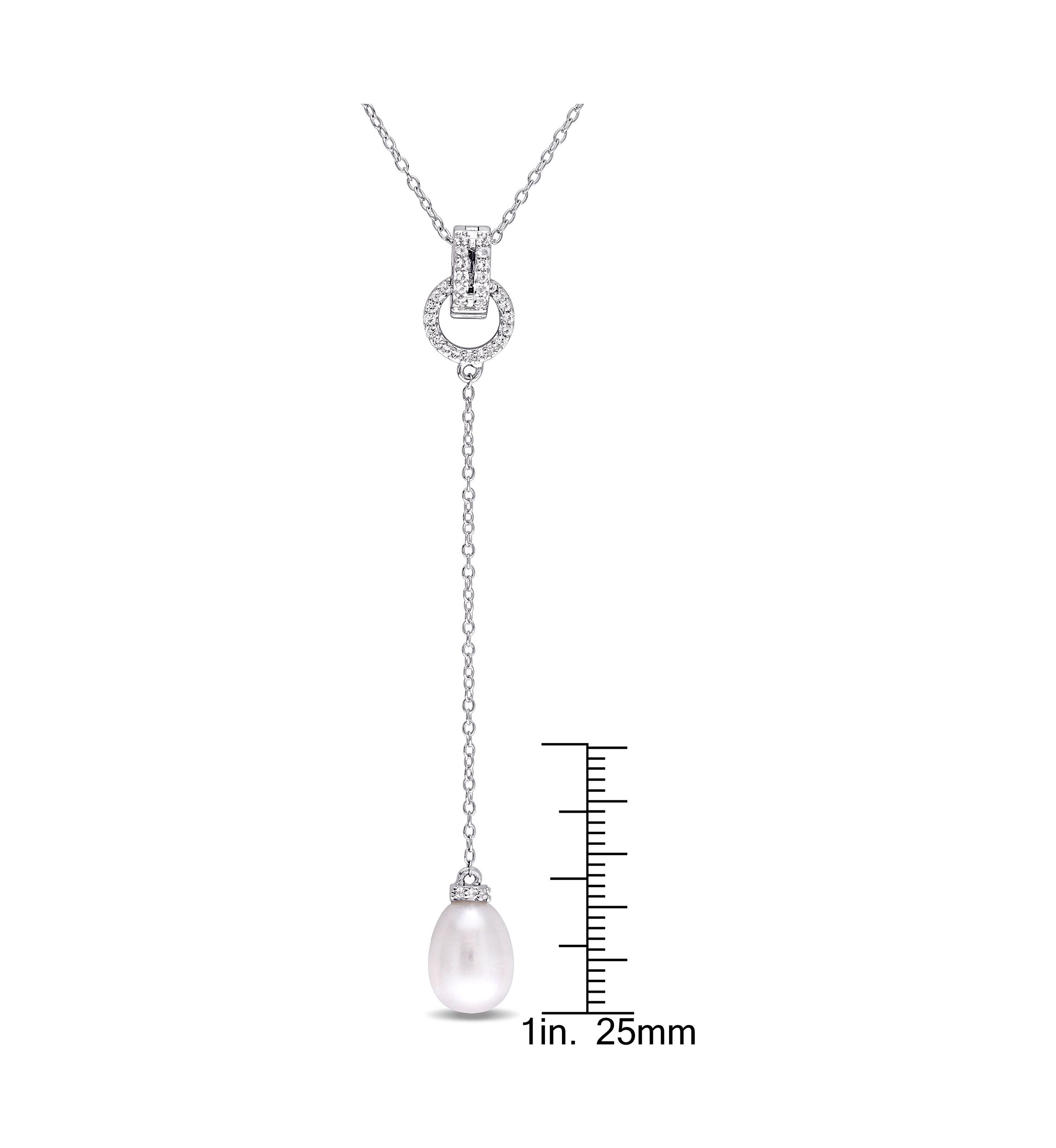 1/5 CT TGW White Topaz and 8 - 8.5 MM White Cultured Freshwater Pearl Drop Pendant with Chain in Sterling Silver