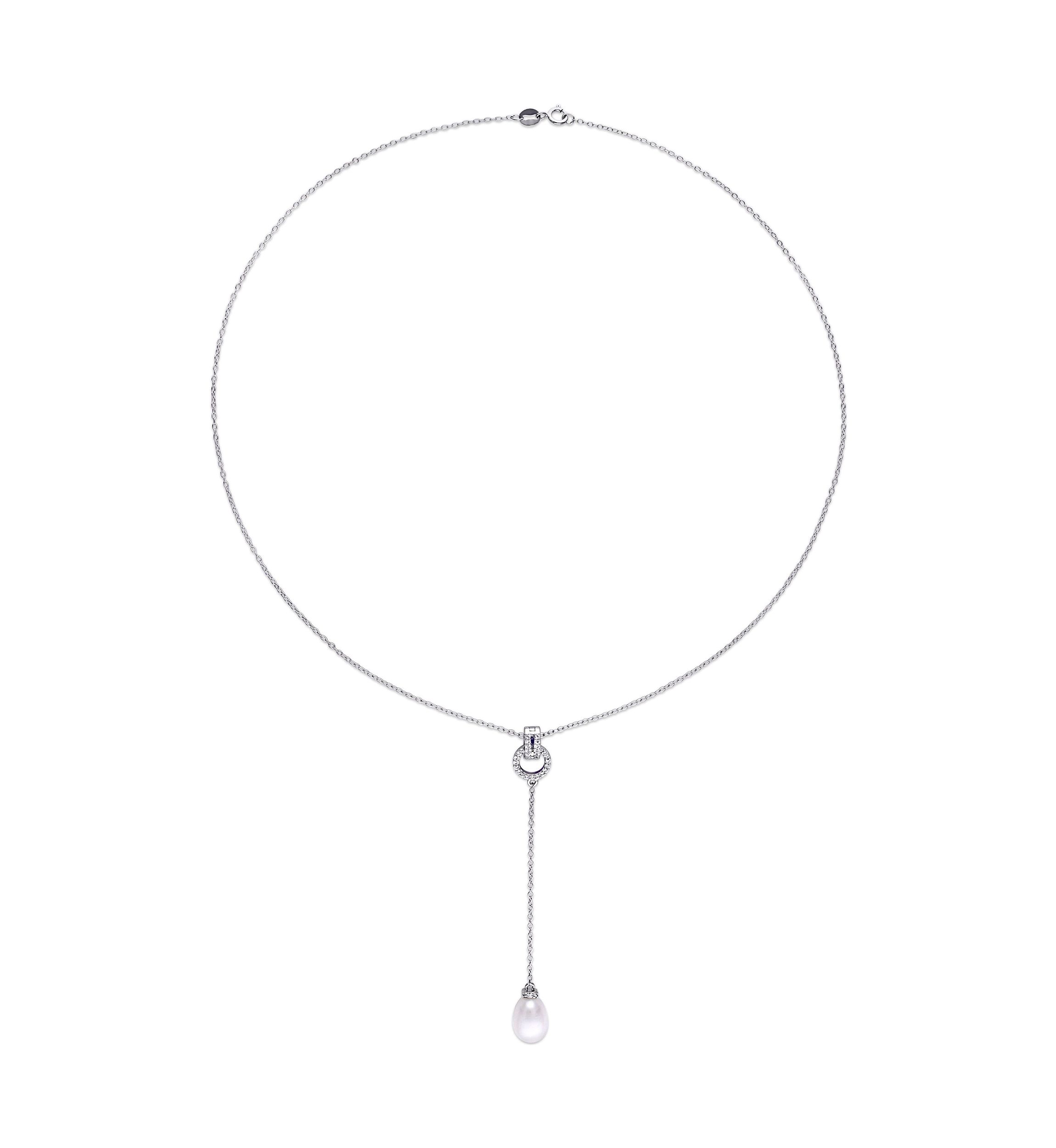 1/5 CT TGW White Topaz and 8 - 8.5 MM White Cultured Freshwater Pearl Drop Pendant with Chain in Sterling Silver