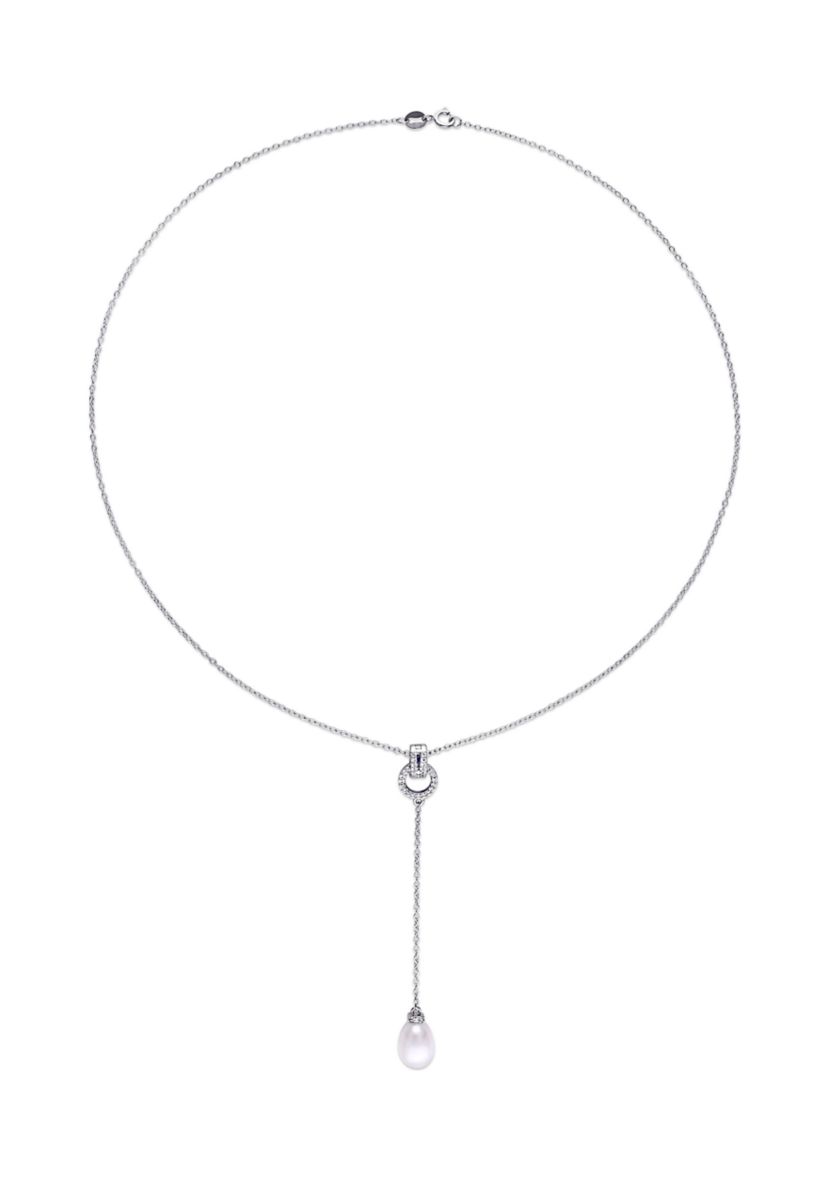 1/5 CT TGW White Topaz and 8 - 8.5 MM White Cultured Freshwater Pearl Drop Pendant with Chain in Sterling Silver