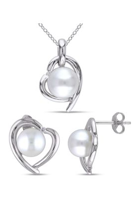 Belk & Co 2 Piece Set of 8-9 MM Cultured Freshwater Pearl and Diamond Heart Stud Earrings and Pendant With Chain in Sterling Silver, White