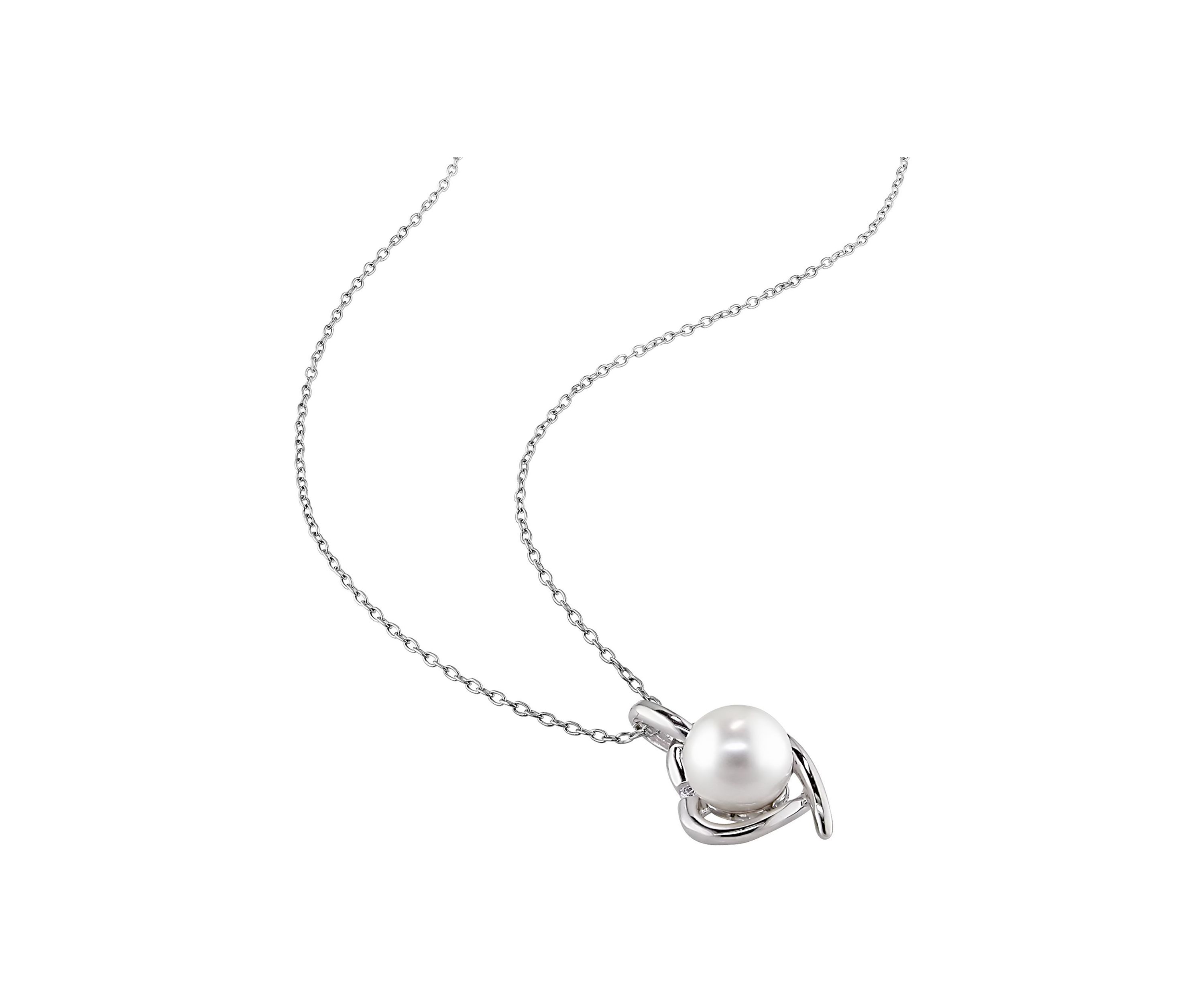 2 Piece Set of 8-9 MM Cultured Freshwater Pearl and Diamond Heart Stud Earrings and Pendant With Chain in Sterling Silver