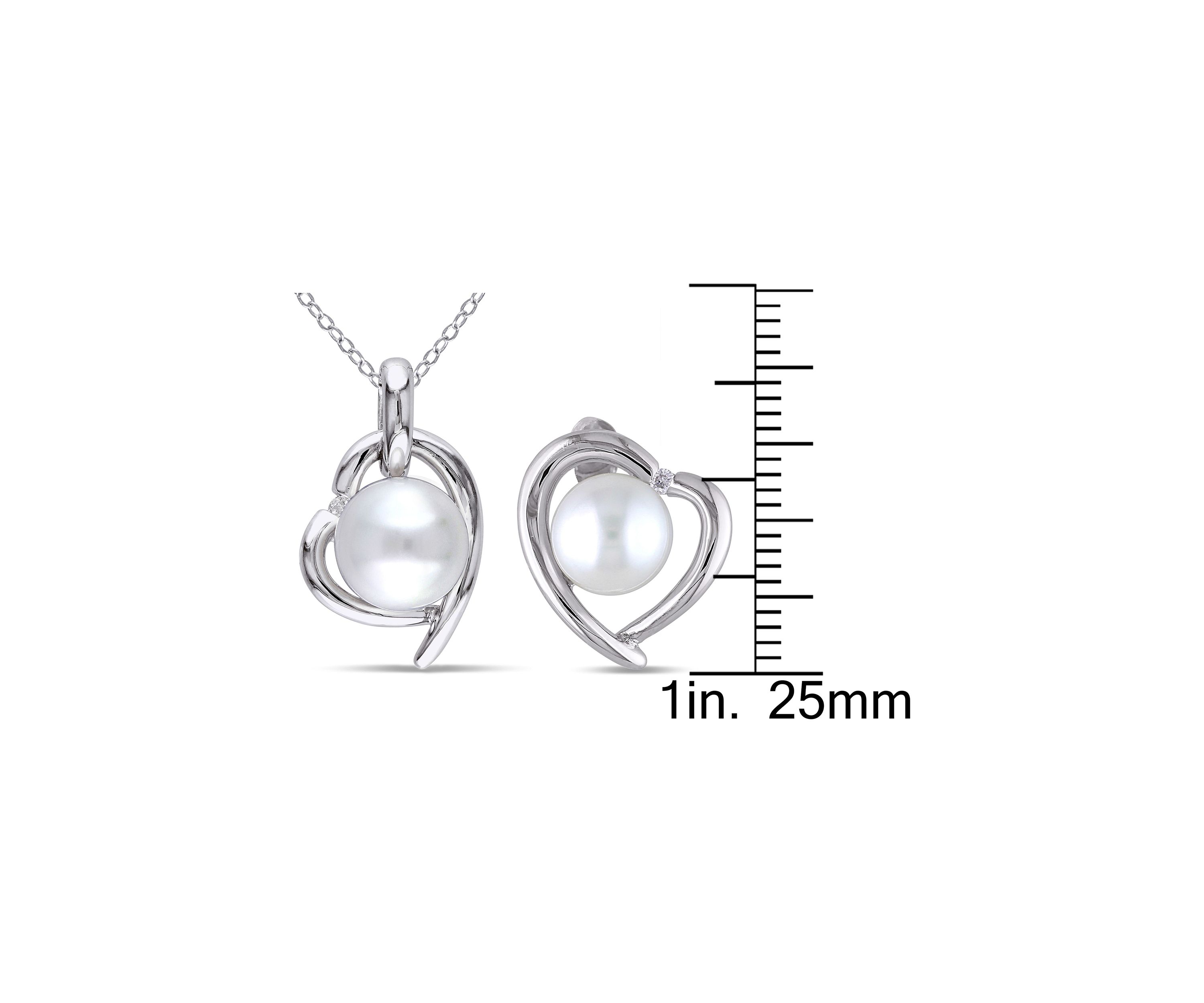 2 Piece Set of 8-9 MM Cultured Freshwater Pearl and Diamond Heart Stud Earrings and Pendant With Chain in Sterling Silver