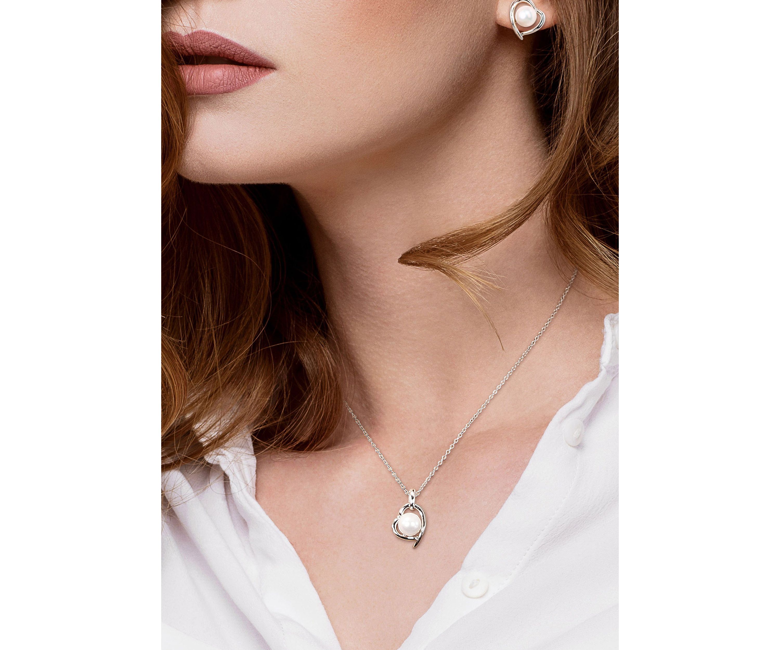 2 Piece Set of 8-9 MM Cultured Freshwater Pearl and Diamond Heart Stud Earrings and Pendant With Chain in Sterling Silver
