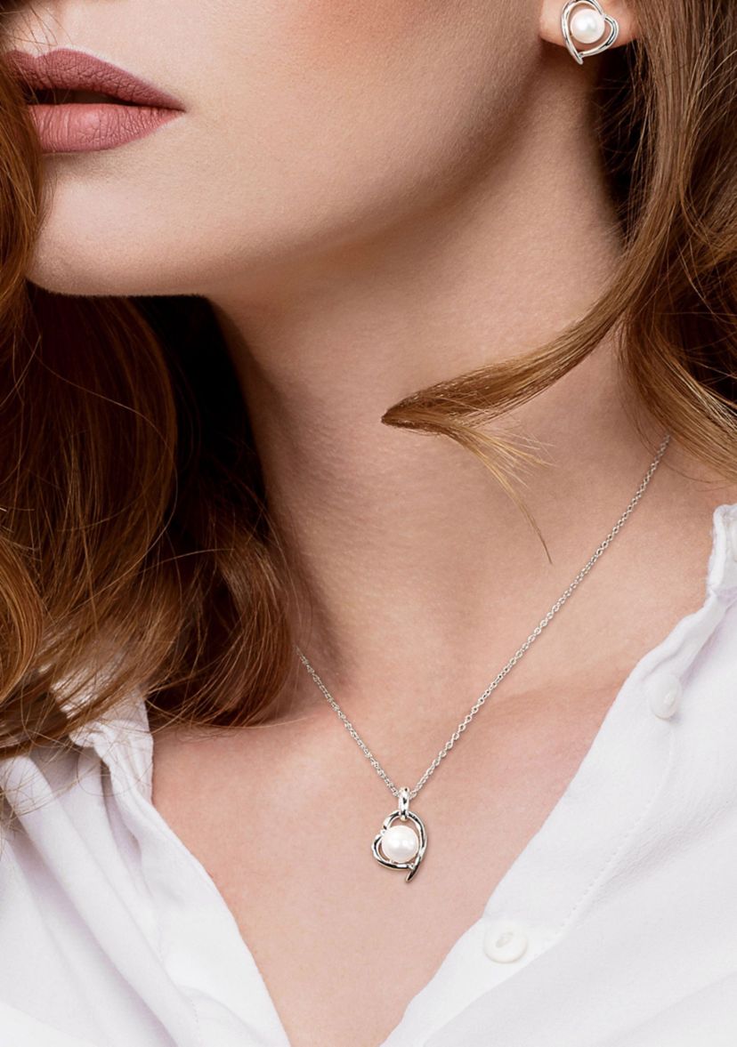 2 Piece Set of 8-9 MM Cultured Freshwater Pearl and Diamond Heart Stud Earrings and Pendant With Chain in Sterling Silver