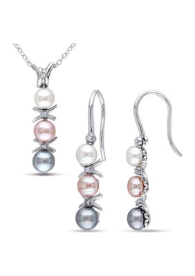 Belk & Co 2-Pc Set of Dyed Grey, Pink and White Cultured Freshwater Pearl and Diamond Drop Earrings and Pendant With Chain in Sterling Silver