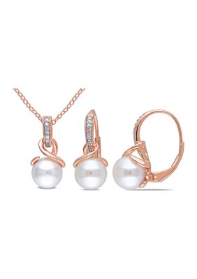 1/10 CT TW Diamond and 8 - 8.5 MM Cultured Freshwater Pearl Swirl Leverback Earrings and Pendant with Chain 2-Piece Set in Rose Silver, Pink