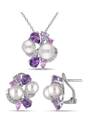Belk & Co Lab Created 2 -Pc Set Of 4 CT TGW White and Pink Sapphire, Amethyst, Rose de France and Cultured Freshwater Pearl Cluster Earrings and