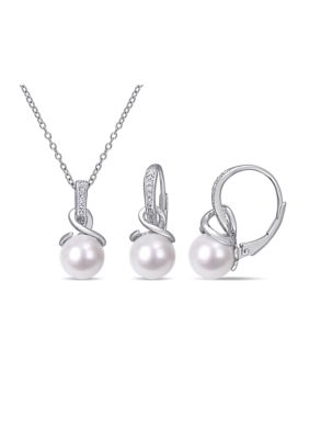 Belk & Co 8 - 8.5 MM Cultured Freshwater Pearl and 1/10 CT TW Diamond Twist Leverback Earrings and Pendant with Chain in Sterling Silver, White