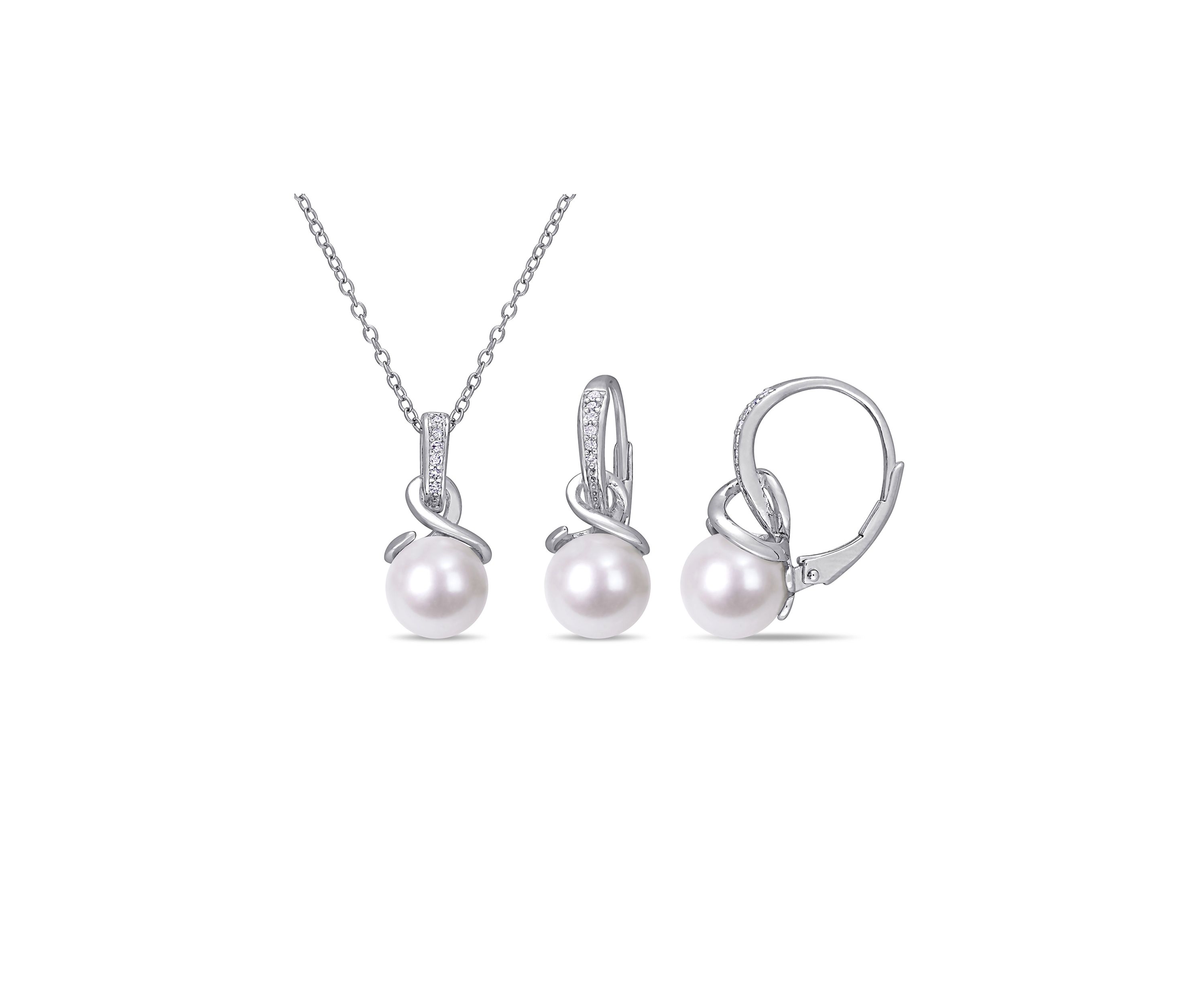 8 - 8.5 MM Cultured Freshwater Pearl and 1/10 CT TW Diamond Twist Leverback Earrings and Pendant with Chain in Sterling Silver
